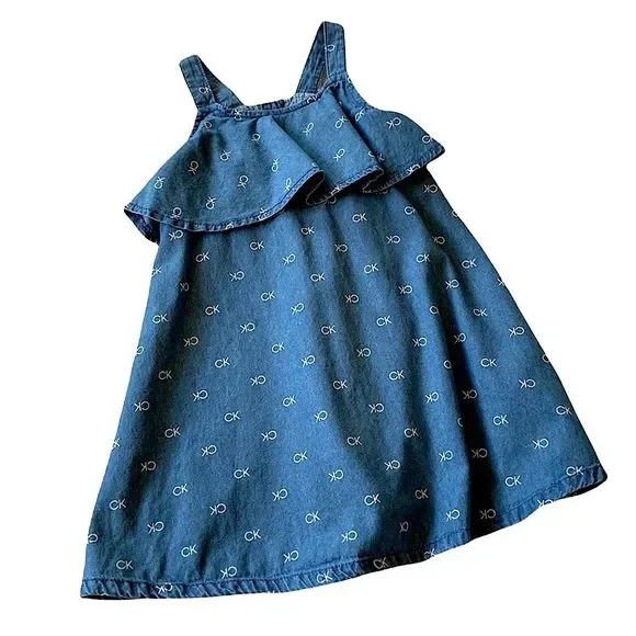 CALVIN KLEIN sun dress chambray logo denim blue sleeveless ruffle midi